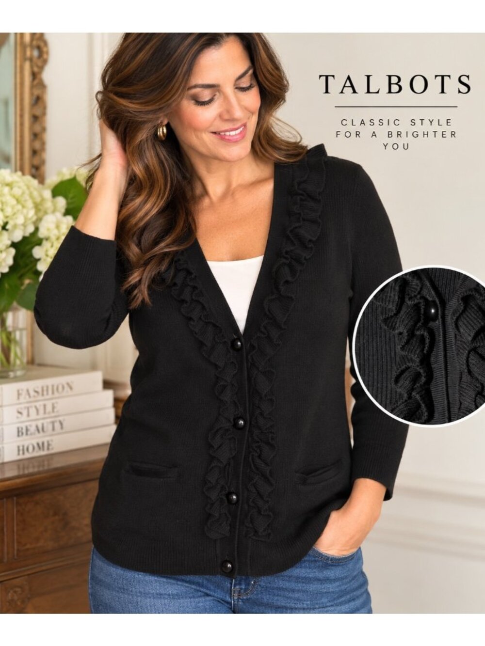 Talbots Womens Large Black Ruffle Cardigan Cotton Rayon Button Front Sweater